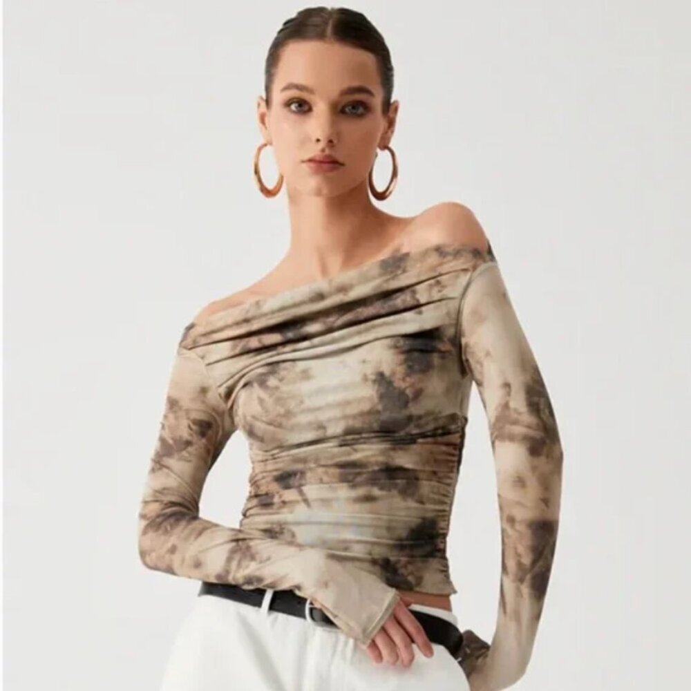 Commense Terracotta Tulle Mesh Off Shoulder Blouse Tan Geometric XL